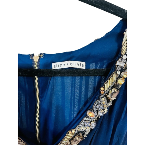 Alice and Olivia 100% Silk Rhinestone Blue Dress Size Medium Jewels Sleeveless - Picture 2 of 6